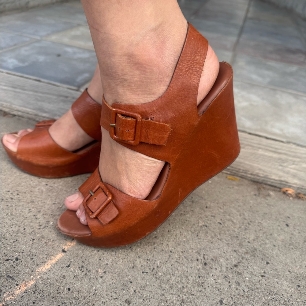 Cork-Ease Leather Wedge Sandals Size 8 / EU 39 Brown Retro Buckle